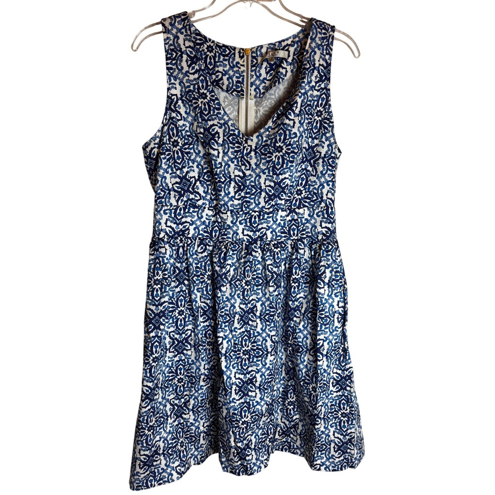 Milly for Design Nation Blue White Tile Print Fit Flare Dress Sz 12 Sleeveless